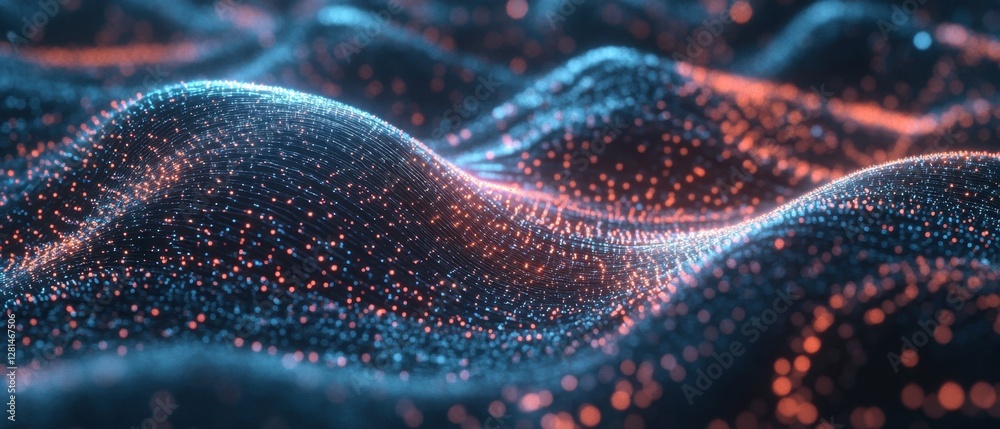 Poster abstract data landscape with glowing particles and connected lines representing digital network comm