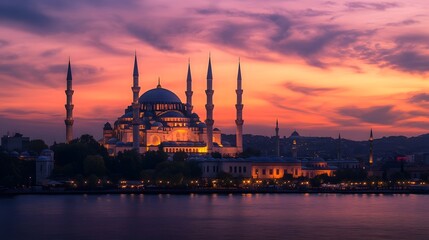 Majestic Silhouette of the Blue Mosque with its Iconic Minarets and Domes Reflected in the River at Dramatic Sunset in Istanbul