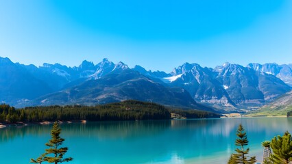 Fototapeta premium A breathtaking panoramic view of a tranquil lake surrounded by majestic mountains under a clear blue sky, showcasing the serene and natural beauty of the wilderness. 