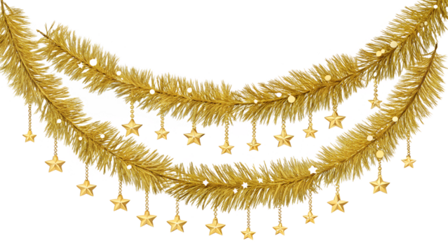 golden tinsel garland on transparent background
