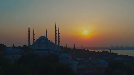 Majestic Silhouette of the Blue Mosque at Dusk in Istanbul Turkey   Iconic Landmark with Minarets and Dome Standing Tall Against a Vibrant Sunset Sky