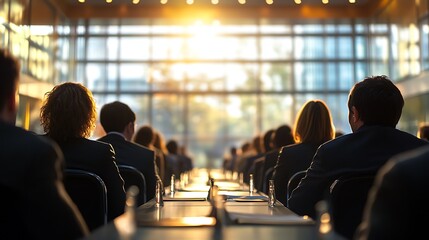 Conference attendees seated in rows facing a large window with sunset light.