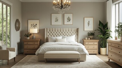 Serene Bedroom Design with Upholstered Bed and Wooden Accents