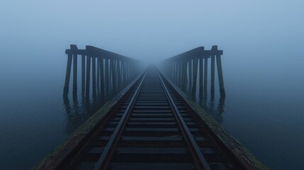 Obraz premium Railway tracks on a wooden trestle bridge disappear into thick blue fog over calm water.