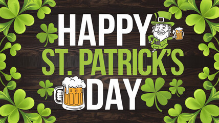 A festive St. Patrick's Day greeting with "Happy St. Patrick's Day" text surrounded by clover leaves, featuring a leprechaun holding a beer mug, symbolizing celebration and luck.