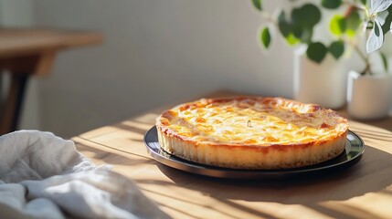 Delicious homemade custard tart on wooden table in sunlight.