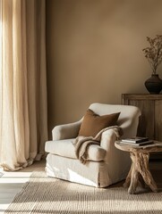 A cozy interior showcases a chair with soft inviting tones