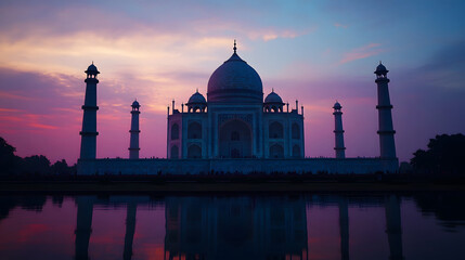 Majestic Taj Mahal Silhouette Reflecting in Serene Lake during Breathtaking Sunset in India  The iconic historical landmark of Mughal architecture bathed in the warm glow of the setting sun
