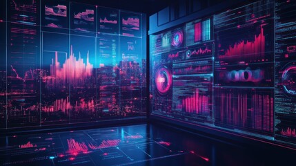 Obraz premium Futuristic city data visualization on large screens.