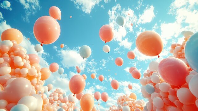 Pastel balloons float on sunny sky, celebration, joyful