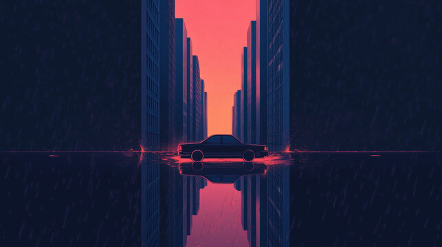 A sleek red vehicle set against a deep violet backdrop, with shimmering reflections amid towering skyscrapers at night.