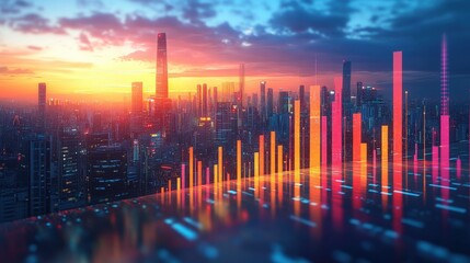 Vibrant city skyline at sunset with digital data visualization overlay illustrating growth