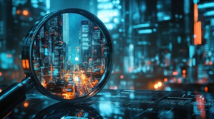 Magnifying glass focusing on a futuristic city at night.