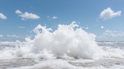 Ocean waves splashing, shore foam, bright sky