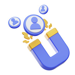 3D illustration of a blue magnet attracting profile icons, ideal for social media marketing campaigns or HR recruitment websites.