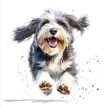 Illustration of the Bearded Collie dog running towards, soft watercolor tones, white background, detailed illustration, cartoonish.