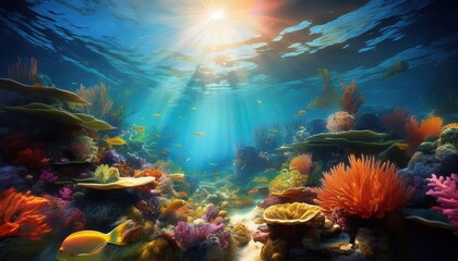 Fototapeta premium Colorful underwater coral reef scene, full of vibrant fish and marine life—perfect for nature documentaries, ocean conservation themes, and tropical travel promotions. 