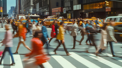 Obraz premium Pedestrians Rushing Across a Busy City Street Intersection During Rush Hour Traffic with Blurred Motion and Commuters Cityscape with Urban Environment and Modern Metropolitan Lifestyle