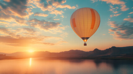Obraz premium Scenic view of hot air balloon floating over Lake Powell at sunset, creating a tranquil and inspiring scene