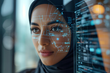 A woman with a face on a computer screen