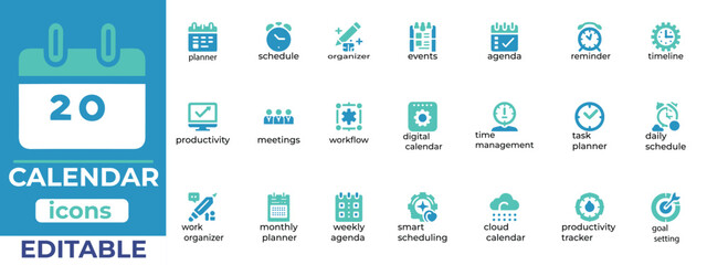 Modern calendar vector icons for planners, schedules, and productivity. Clean, editable, and perfect for digital or print use.eps