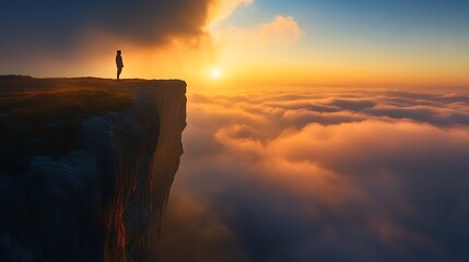 Solitary figure silhouetted at sunset atop a cliff overlooking a sea of clouds.