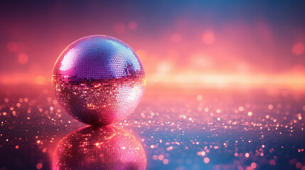 Obraz premium Shiny disco ball with pink and blue reflections. Party celebration