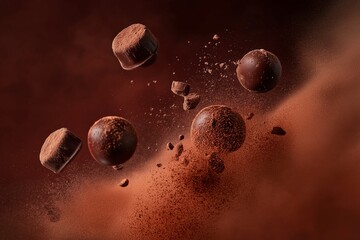 Floating chocolate bonbons surrounded by cocoa powder clouds, dramatic contrast with deep red background.