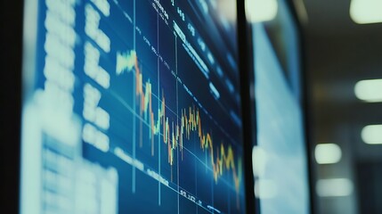 Close-up of stock market data displayed on a large monitor.