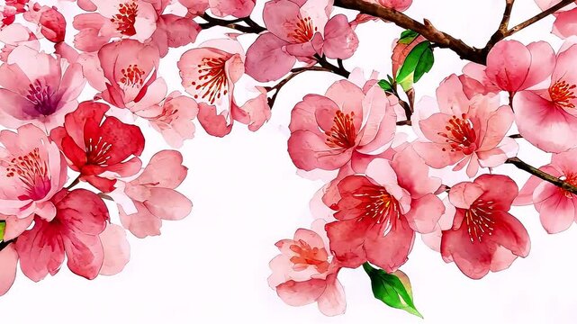 Animated card, with branch of blossom cherry, slowly swaying, on light background, spring, seasonal plant, watercolor style