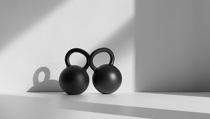 Naklejka premium Minimalistyczna kompozycja czarnych kettlebelli w świetle i cieniu.