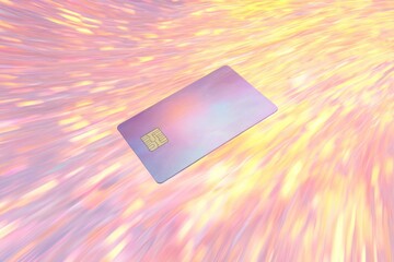 Floating card surrounded by vibrant light bursts creates sense o