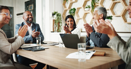 Happy, business people and meeting with applause for promotion, success or congratulations at office. Excited, group or employees clapping with smile for teamwork, winning or good news at workplace