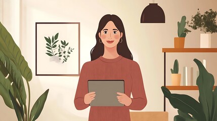Smiling woman holding tablet in home office.