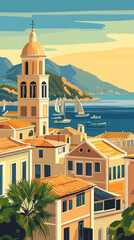 Obraz premium Illustration, Cityscape of Corfu a famous Greek island in Greece, touristic advertisement poster. Beautiful touristic must-see place, part of the Ionian Islands, the ionian sea.