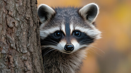 Fototapeta premium Raccoon face behind tree trunk in autumn forest. Wildlife portrait concept