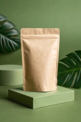 Paper kraft stand up pouch packaging mockup on podium with monstera leaves, Eco-friendly paper bag on a green with leaves, Sustainable packaging