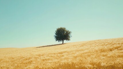 Lone tree on golden wheat field under a clear blue sky.