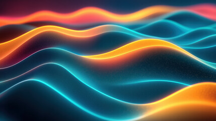 Neon waves with orange and blue glow on black background. Abstract motion concept