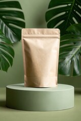 Paper kraft stand up pouch packaging mockup on podium with monstera leaves, Eco-friendly paper bag on a green with leaves, Sustainable packaging