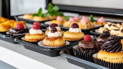 Cafeteria with eco-friendly food packaging Concept, Delicious Vegan Desserts Displayed in Eco-Friendly Cafeteria Cafeteria Section Perfect for Sweet Treat Lovers