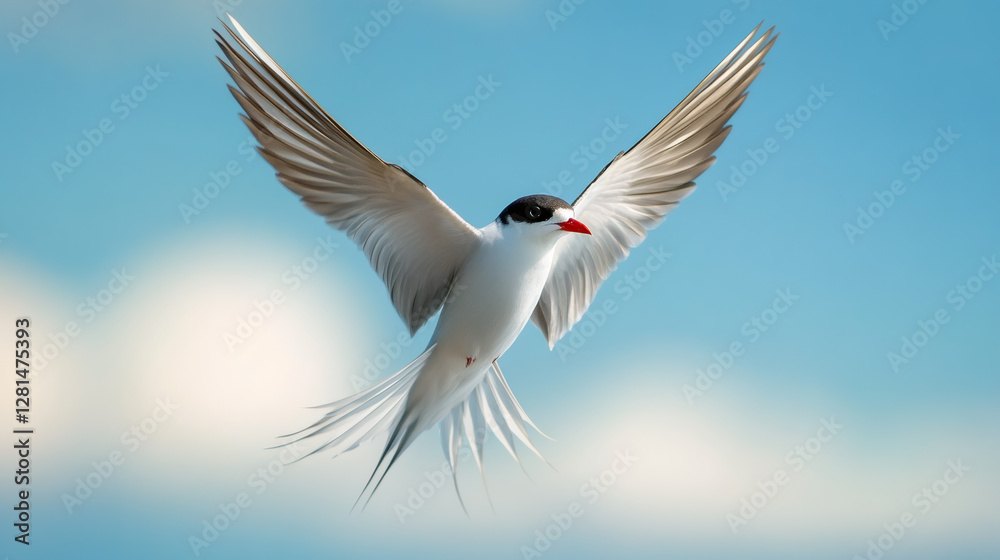 Poster majestic arctic tern soaring gracefully with wide open wings against a backdrop of a partially cloud