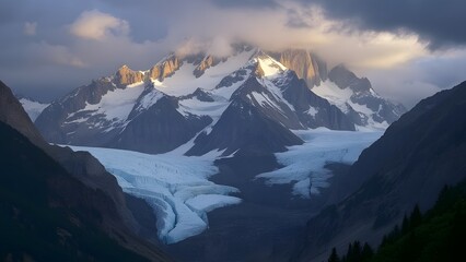 A majestic mountain range capped with snow and glaciers is bathed in the soft light of sunset, creating a dramatic and serene wilderness landscape.  