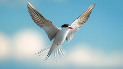 Majestic arctic tern soaring gracefully with wide open wings against a backdrop of a partially cloudy blue sky, embodying freedom in flight