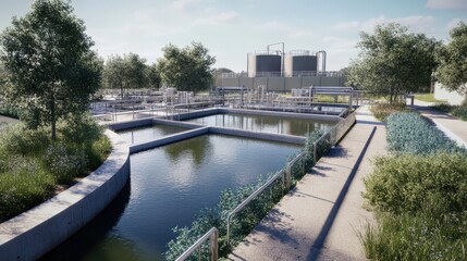 A large body of water with a walkway and trees surrounding it