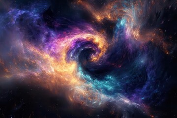 abstract fluid art with swirling metallic colors merging into cosmic patterns against black background