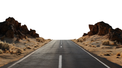 Empty road stretching through a desert landscape with rocky formations