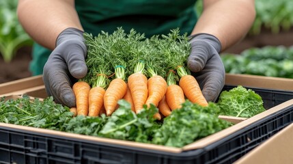 A woman in green gloves showcases fresh leafy greens from her vegetable garden, emphasizing organic farming practices for market