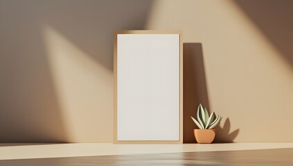Photo mockup that would feature The central focus of the mockup with a card should be a vertical card should stand near the wall. Background must be light brown or beige color some sun lights.