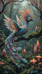 Obraz premium Fantasy Bird with Flowers in a Magical Forest